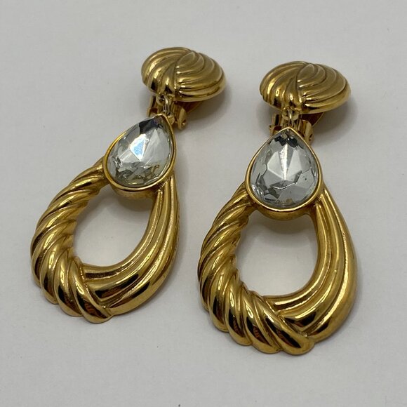 Vintage Gold Tone Dangling Earrings with Clear Stone - Picture 6 of 12